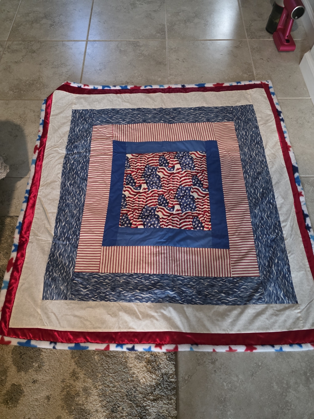 3 Different Patriotic Blue and Red Quilted Throw Blankets One Crocheted ALL NEW